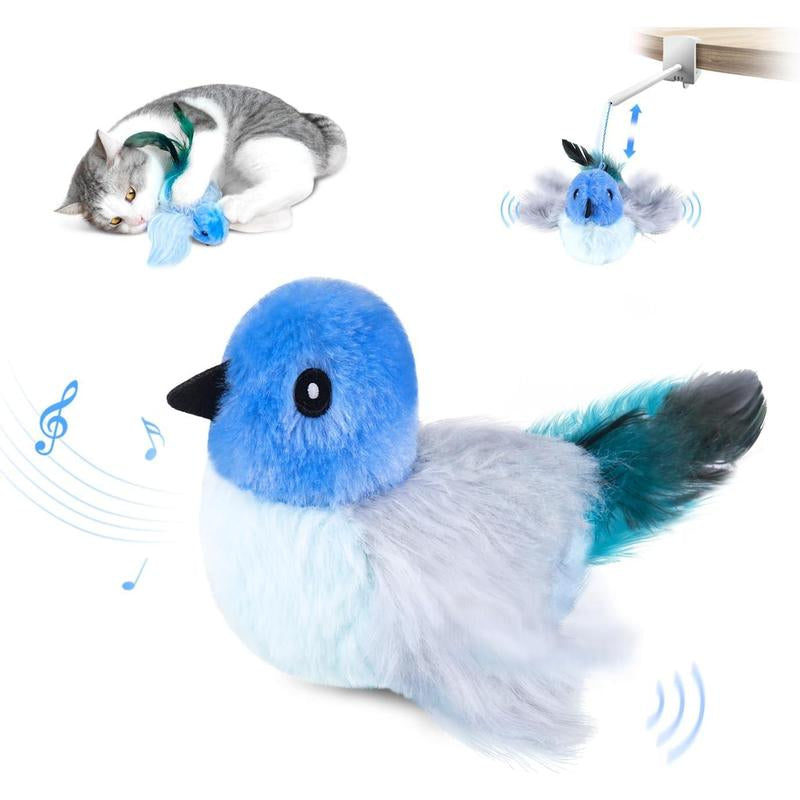 Interactive Lifelike Robin Cat Toy with Catnip and Feathers, Automatic Chirping and Rechargeable for Indoor Cats, Blue