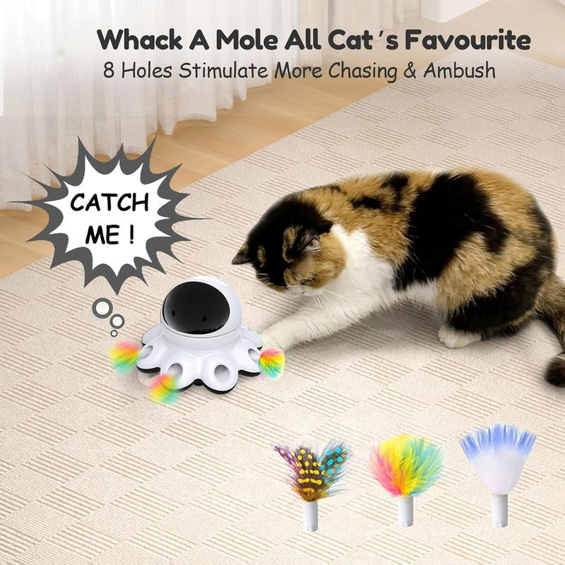 Cat Laser Toy, 2-In-1 Interactive Cat Toys for Indoor Cats, Automatic Laser Pointer Cat Toy, 8 Holes Mice Whack a Mole Moving Feather, USB Rechargeable Electronic Kitten Toys for All Breeds
