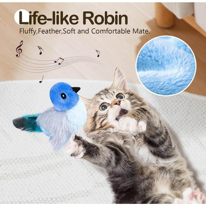 Interactive Lifelike Robin Cat Toy with Catnip and Feathers, Automatic Chirping and Rechargeable for Indoor Cats, Blue
