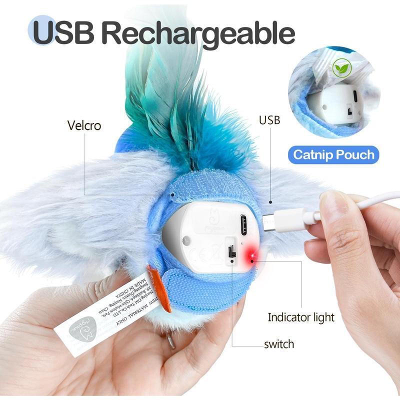 Interactive Lifelike Robin Cat Toy with Catnip and Feathers, Automatic Chirping and Rechargeable for Indoor Cats, Blue