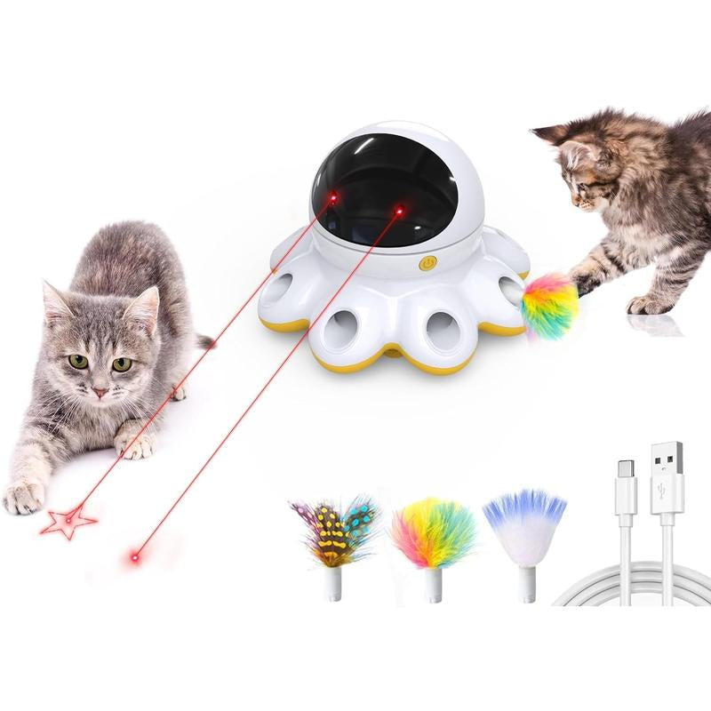 Cat Laser Toy, 2-In-1 Interactive Cat Toys for Indoor Cats, Automatic Laser Pointer Cat Toy, 8 Holes Mice Whack a Mole Moving Feather, USB Rechargeable Electronic Kitten Toys for All Breeds