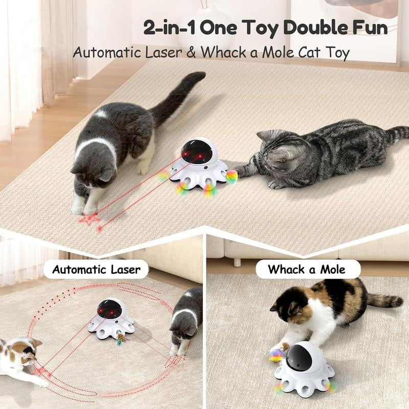 Cat Laser Toy, 2-In-1 Interactive Cat Toys for Indoor Cats, Automatic Laser Pointer Cat Toy, 8 Holes Mice Whack a Mole Moving Feather, USB Rechargeable Electronic Kitten Toys for All Breeds
