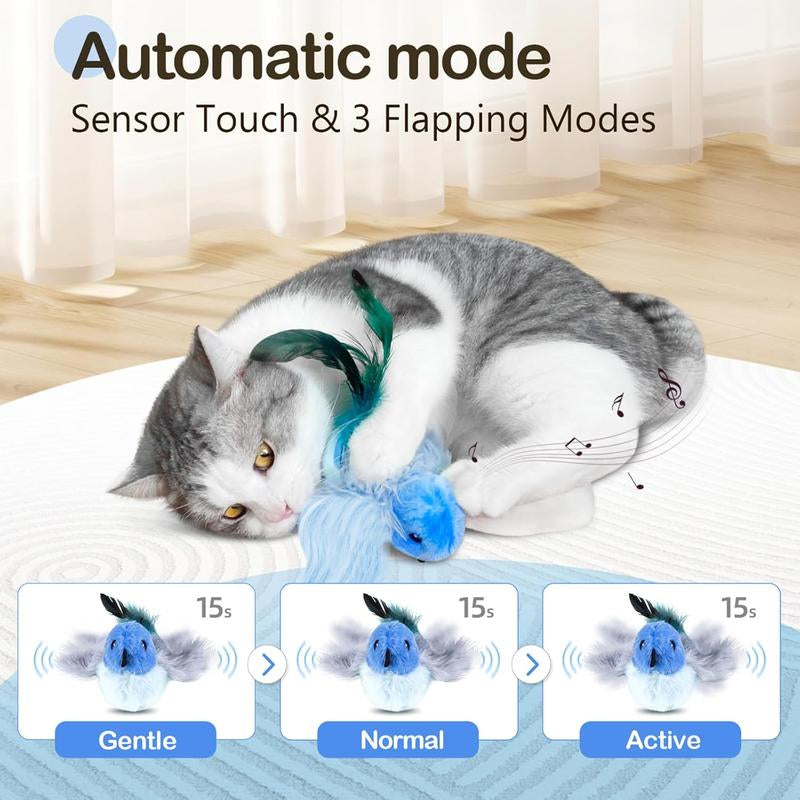 Interactive Lifelike Robin Cat Toy with Catnip and Feathers, Automatic Chirping and Rechargeable for Indoor Cats, Blue