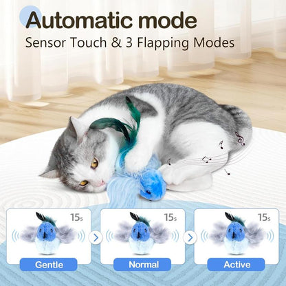 Interactive Lifelike Robin Cat Toy with Catnip and Feathers, Automatic Chirping and Rechargeable for Indoor Cats, Blue
