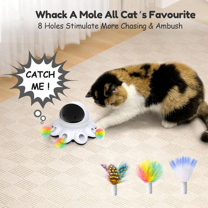 Cat Laser Toy, 2-In-1 Interactive Cat Toys for Indoor Cats, Automatic Laser Pointer Cat Toy, 8 Holes Mice Whack a Mole Moving Feather, USB Rechargeable Electronic Kitten Toys for All Breeds