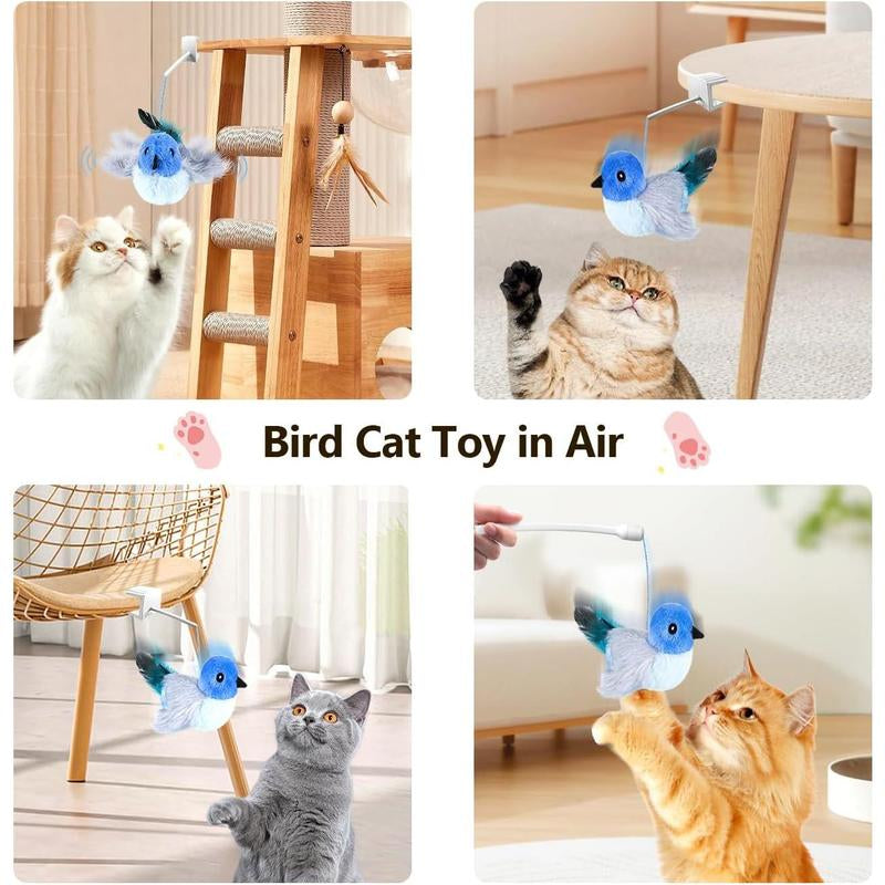 Interactive Lifelike Robin Cat Toy with Catnip and Feathers, Automatic Chirping and Rechargeable for Indoor Cats, Blue