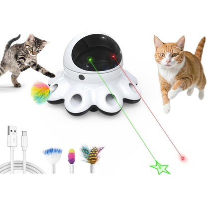 Cat Laser Toy, 2-In-1 Interactive Cat Toys for Indoor Cats, Automatic Laser Pointer Cat Toy, 8 Holes Mice Whack a Mole Moving Feather, USB Rechargeable Electronic Kitten Toys for All Breeds