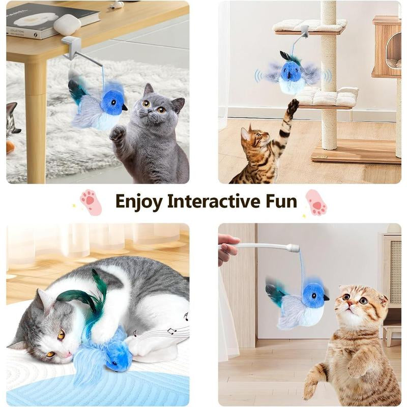 Interactive Lifelike Robin Cat Toy with Catnip and Feathers, Automatic Chirping and Rechargeable for Indoor Cats, Blue