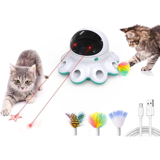 Cat Laser Toy, 2-In-1 Interactive Cat Toys for Indoor Cats, Automatic Laser Pointer Cat Toy, 8 Holes Mice Whack a Mole Moving Feather, USB Rechargeable Electronic Kitten Toys for All Breeds